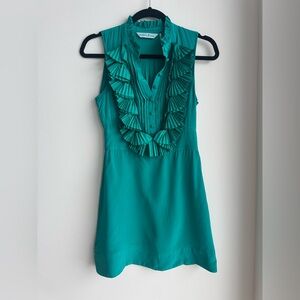 Marciano 100% silk Sleeveless Teal Ruffle Front Dress
